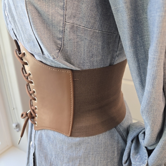 CORSET LACE UP COCO BROWN STRETCH STATEMENT WAIST BELT SNAP CLOSURE WOMEN OS - Picture 4 of 14